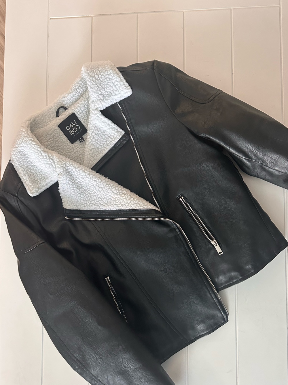 Black Faux Leather Moto Jacket with White Sherpa Collar